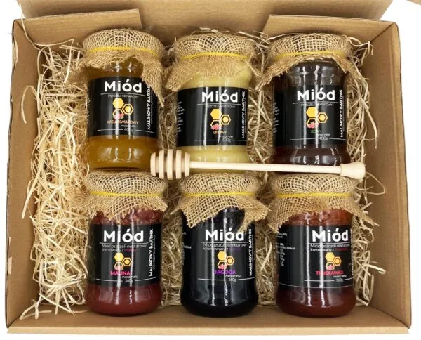 ZESTAW Prezentowy 6x Miody naturalne i owocowe + gratis