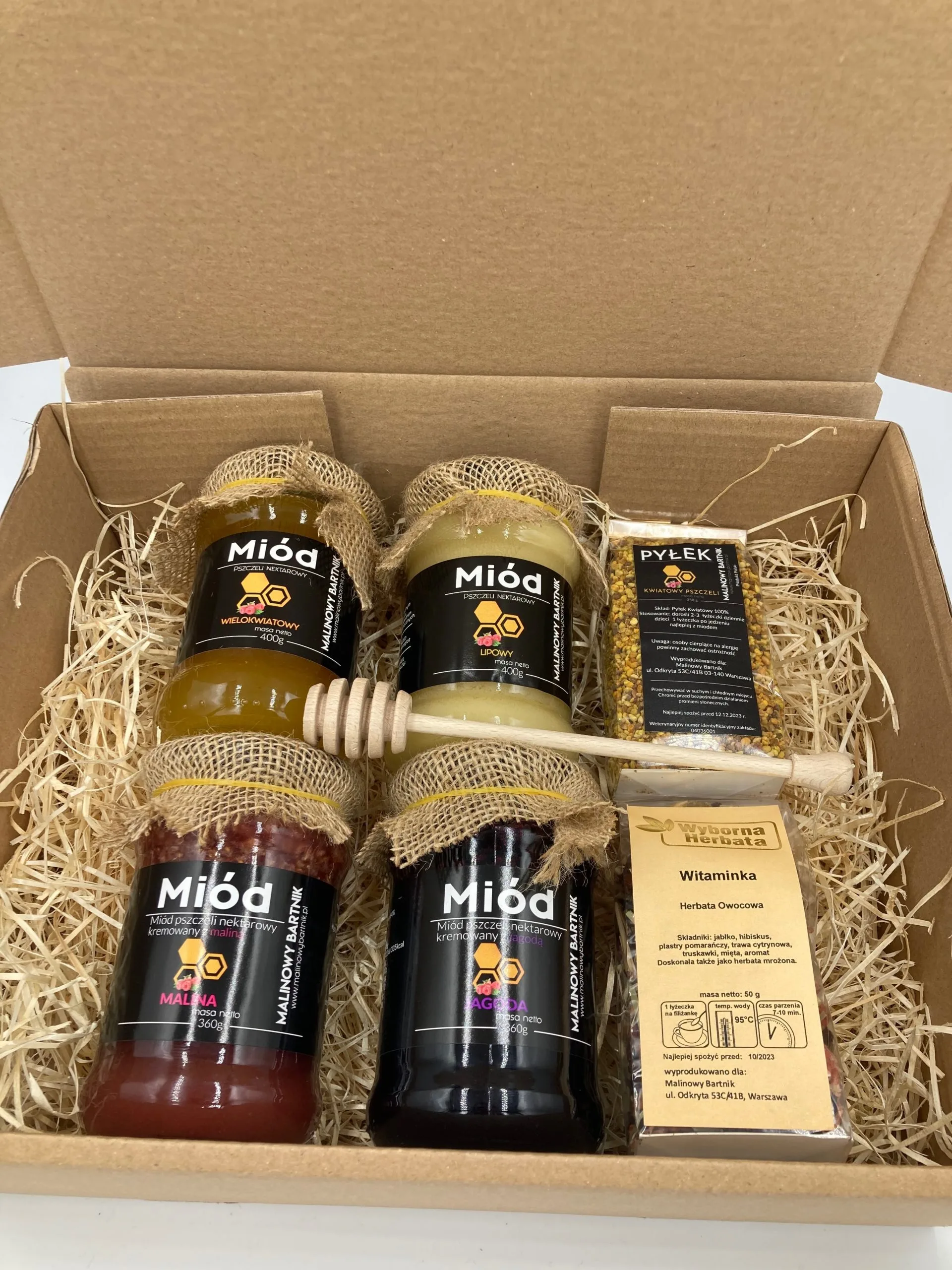 ZESTAW Prezentowy 4x Miody z herbatą i pyłkiem pszczelim + gratis